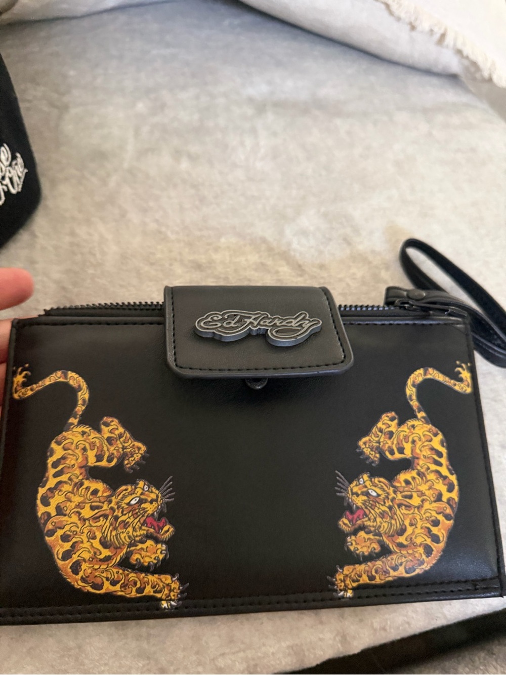 Ed Hardy Black Wristlet Wallet with Yellow Tiger Graphics
